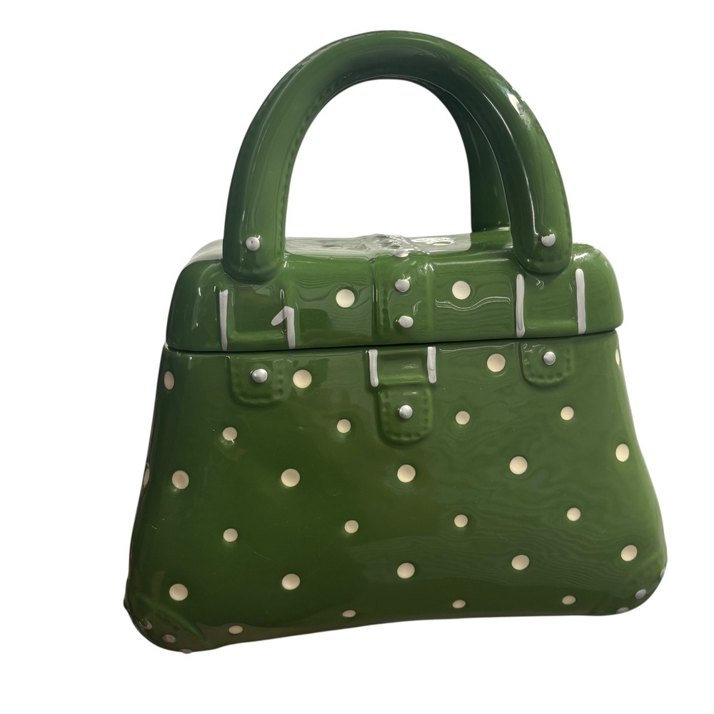 Temp‎ Tations Green Polka Dot Handbag Shaped Ceramic Cookie Jar with Lid - Picture 2 of 12